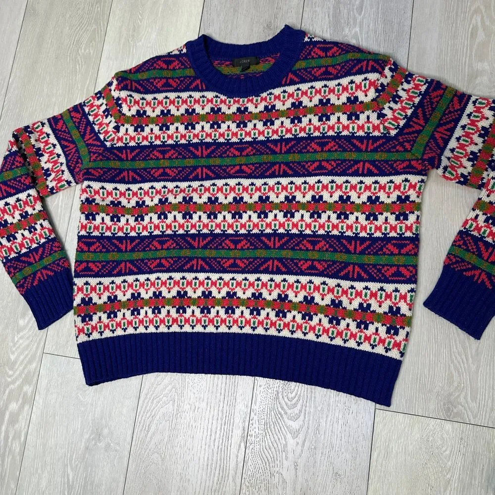 Lambs wool j crew multi color red green pattern pullover knit sweater size small
